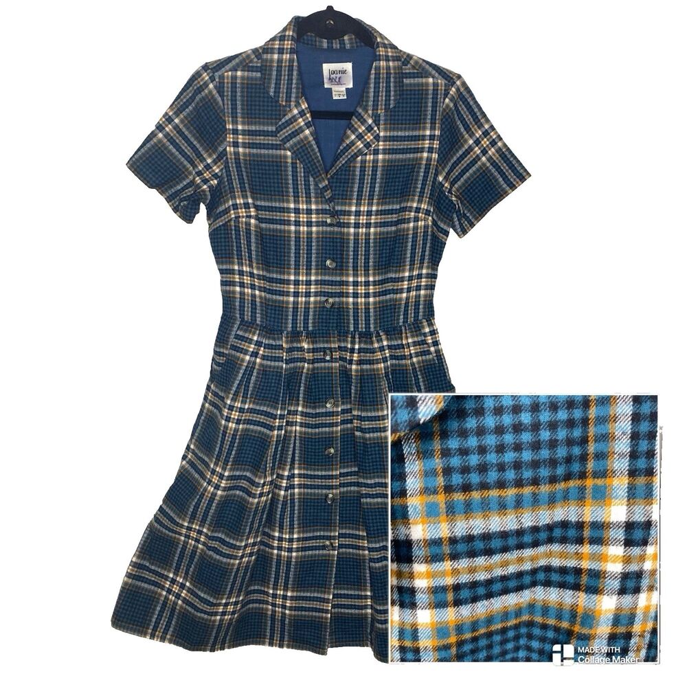 JOANIE Shirt Dress Flannel Plaid Mini V-Neck Short Sleeve Pockets Womens 4 Teal